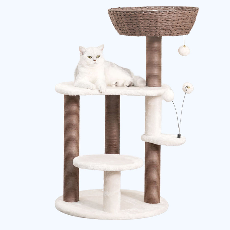 Petpals Quartz PP210341 cat tree with 5 levels, 4 scratching posts, a cat basket, and two cat toys on a white background