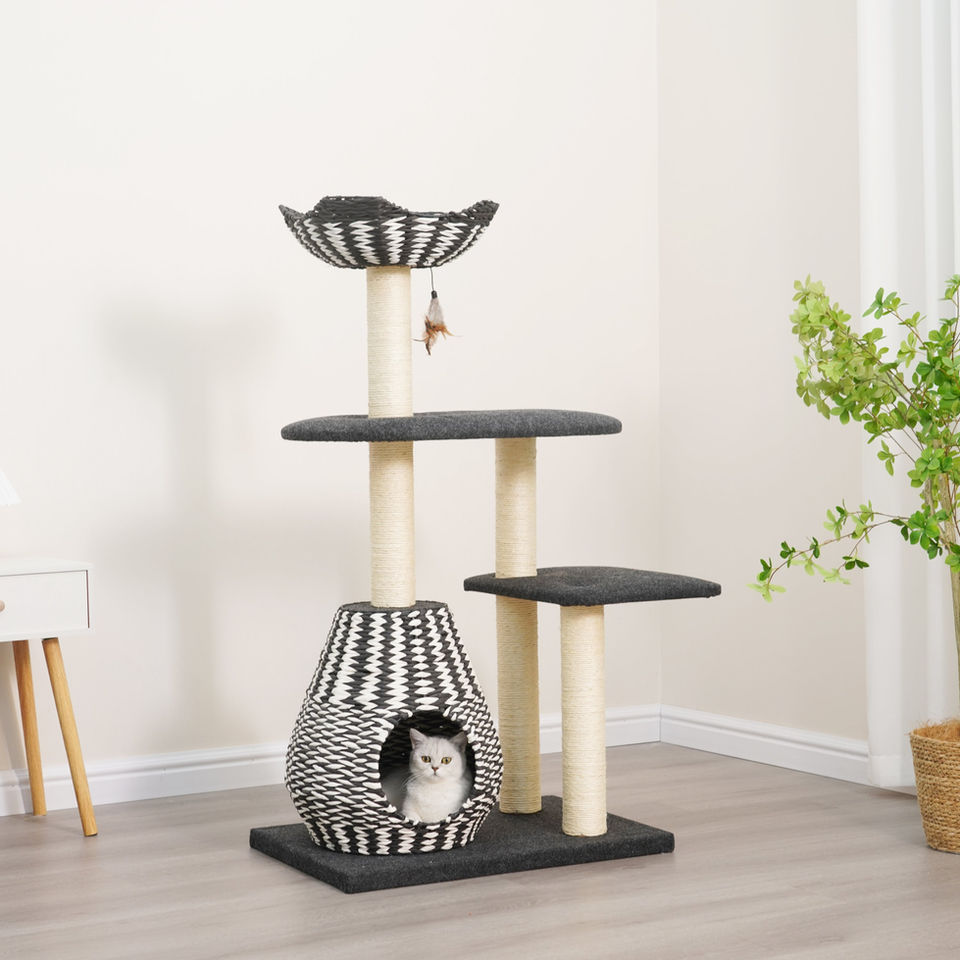 Petpals Ace PP2582 cat tree with 3 levels, 5 sisal scratching posts, a cat bed, a cat condo, and a toy