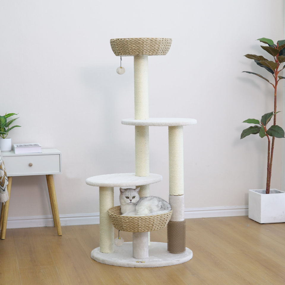 Petpals Pharaoh V2 PP230408 cat tree with 5 levels, 5 scratching posts, 2 recycled paper rope baskets, 2 toys, and a groomer