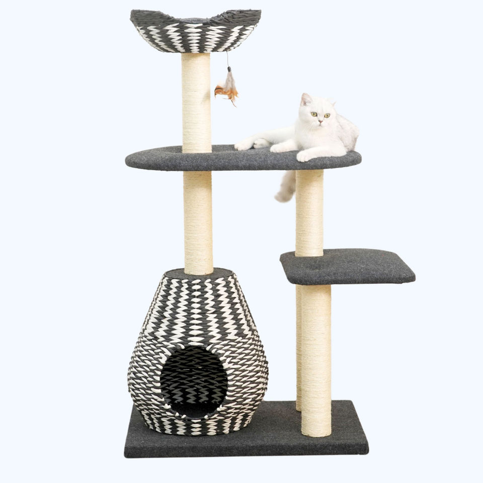 Petpals Ace PP2582 cat tree with 3 levels, 5 sisal scratching posts, a cat bed, a cat condo, and a toy