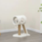 Petpals Space Needle PP230793 cat tree with 2 levels, a cat tunnel, a scratching ramp, a scratching post, and a toy in room