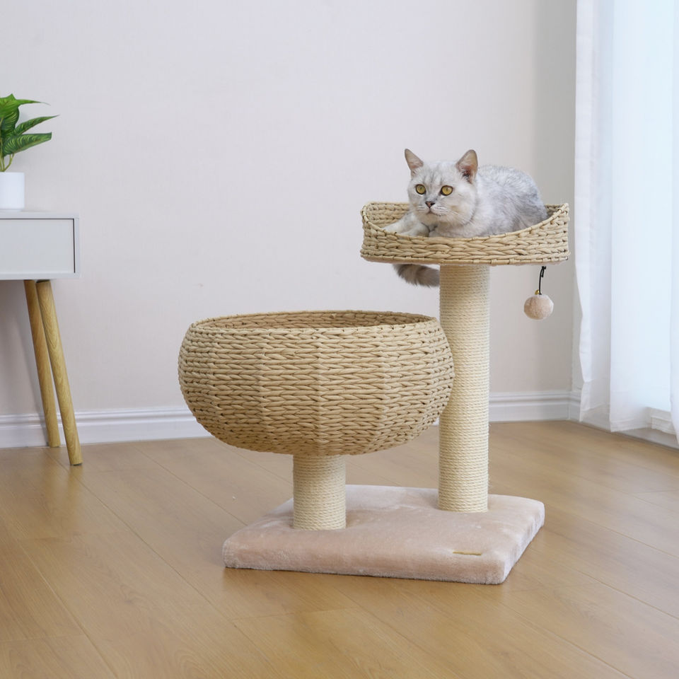 Petpals Cozy PP9058A cat tree with two levels, 2 scratching posts, 2 handwoven recycled paper rope cat basket beds & cat toy