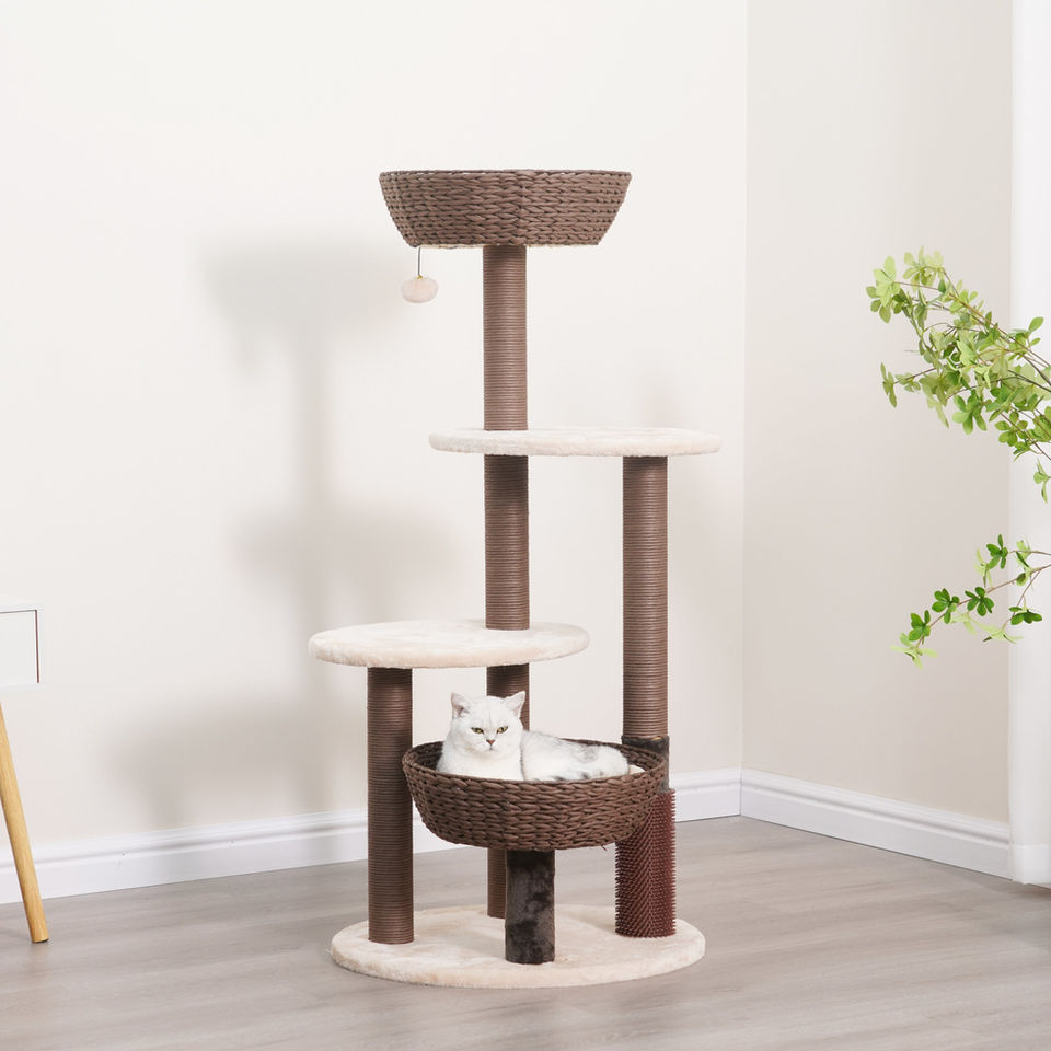 Petpals Pharaoh PP210335 cat tree with five levels, five scratching posts, two cat beds, and a rubber groomer
