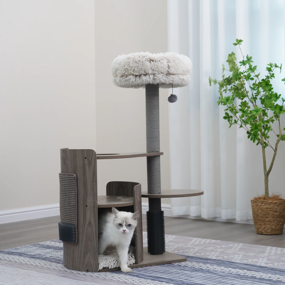 Petpals Cullen PP220876 cat tree with 4 levels, 2 scratching posts, a sisal mat, 3 platforms, a cat bed, and a cat groomer